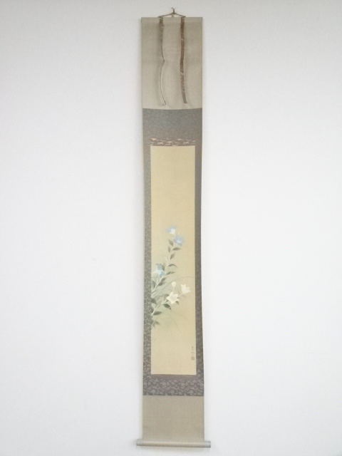 JAPANESE HANGING SCROLL / HAND PAINTED / BALLOON FLOWER / BY HIDEMARO KONISHI